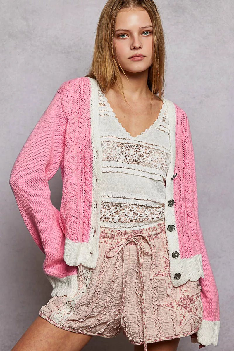 POL Button Down Cable - Knit Cardigan with Contrast Border Accents - Chandeliers Boutique ny