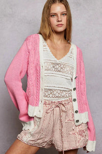 POL Button Down Cable - Knit Cardigan with Contrast Border Accents - Chandeliers Boutique ny