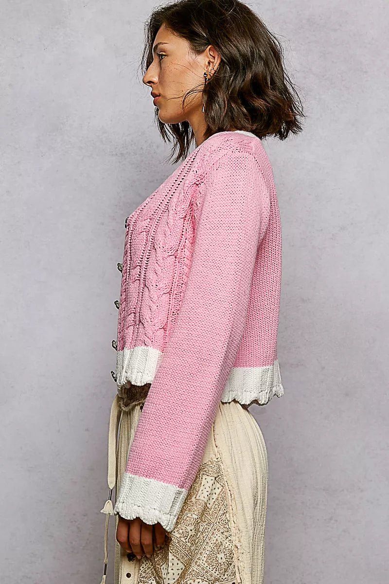 POL Button Down Cable - Knit Cardigan with Contrast Border Accents - Chandeliers Boutique ny