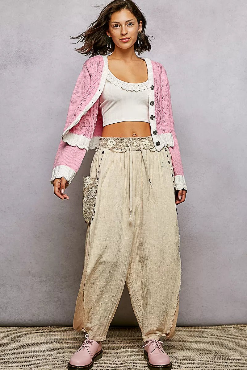 POL Button Down Cable - Knit Cardigan with Contrast Border Accents - Chandeliers Boutique ny