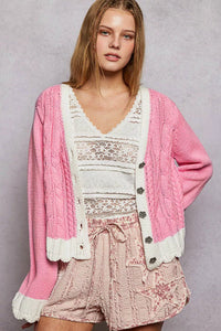 POL Button Down Cable - Knit Cardigan with Contrast Border Accents - Chandeliers Boutique ny