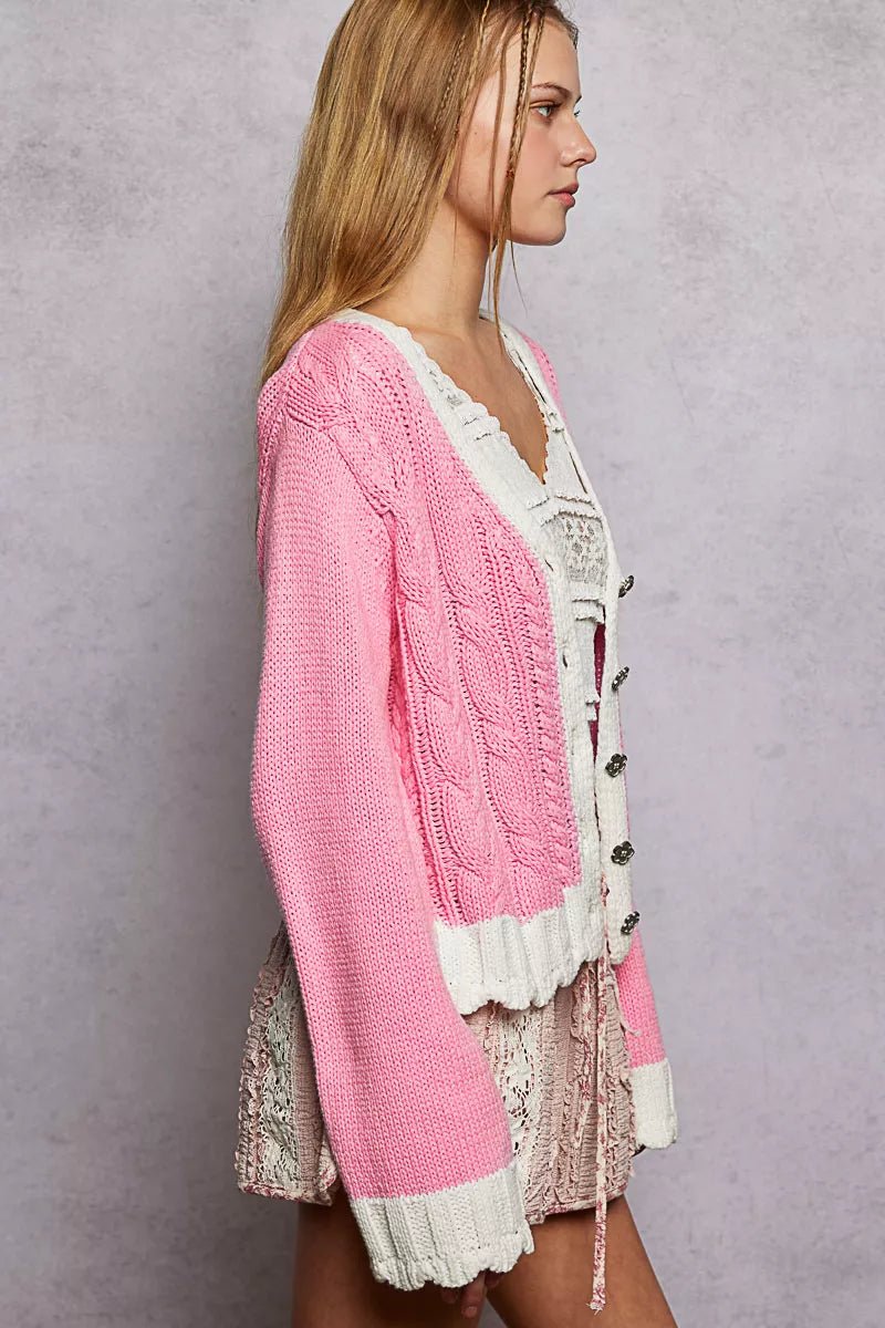 POL Button Down Cable - Knit Cardigan with Contrast Border Accents - Chandeliers Boutique ny