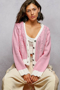 POL Button Down Cable - Knit Cardigan with Contrast Border Accents - Chandeliers Boutique ny