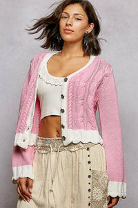 POL Button Down Cable - Knit Cardigan with Contrast Border Accents - Chandeliers Boutique ny