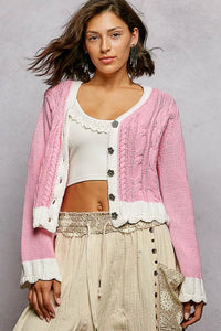 POL Button Down Cable - Knit Cardigan with Contrast Border Accents - Chandeliers Boutique ny