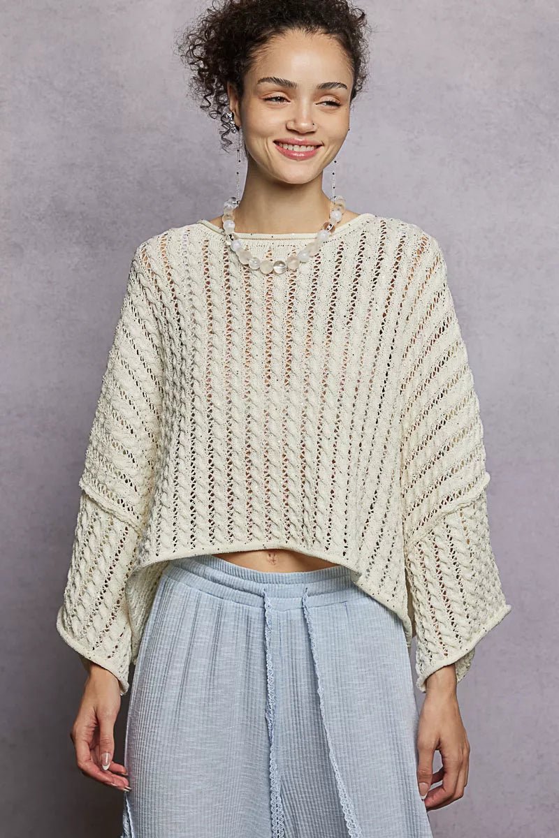 POL Cable - Knit Openwork Round Neck Cropped Sweater - Chandeliers Boutique ny