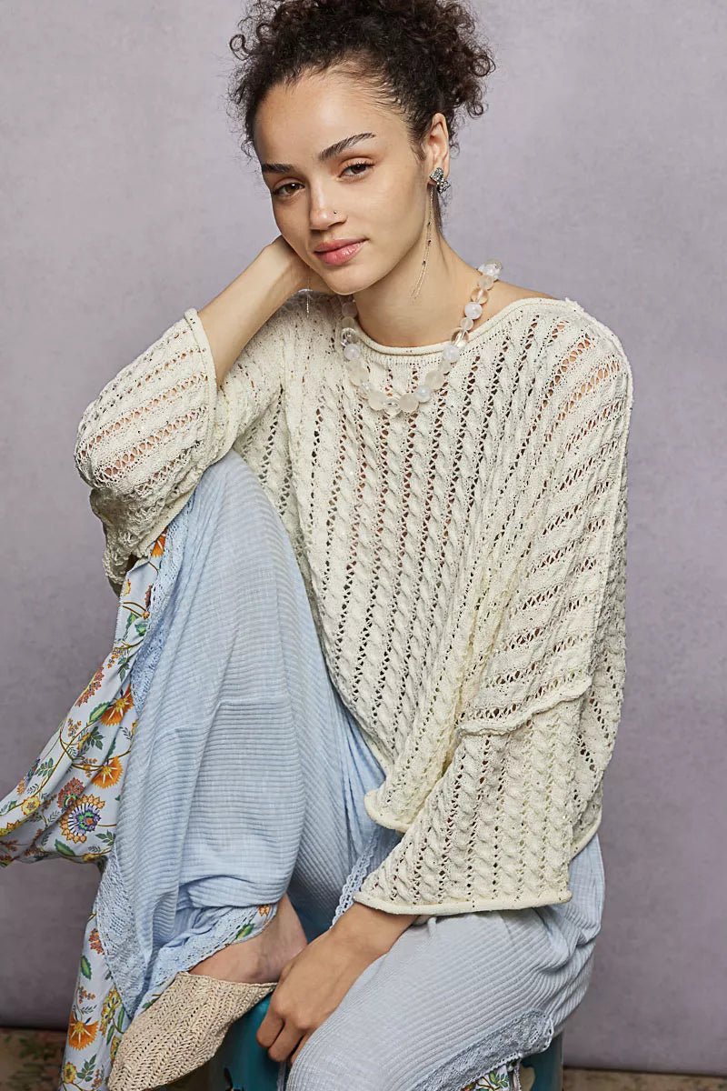 POL Cable - Knit Openwork Round Neck Cropped Sweater - Chandeliers Boutique ny