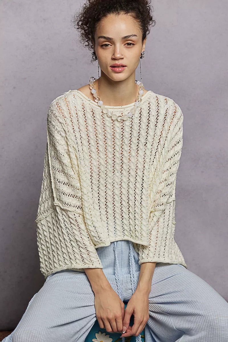 POL Cable - Knit Openwork Round Neck Cropped Sweater - Chandeliers Boutique ny