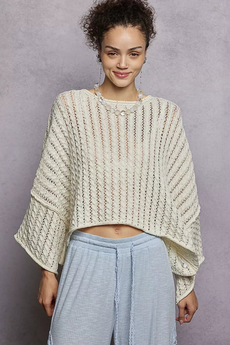 POL Cable - Knit Openwork Round Neck Cropped Sweater - Chandeliers Boutique ny
