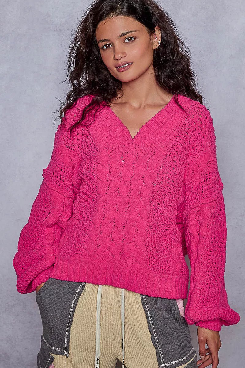 POL Cable - Knit Solid V - Neck Cropped Sweater - Chandeliers Boutique ny