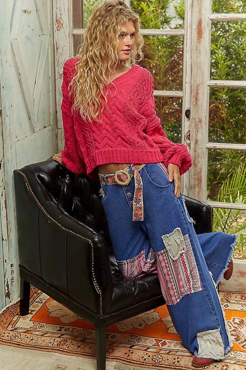 POL Cable - Knit Solid V - Neck Cropped Sweater - Chandeliers Boutique ny