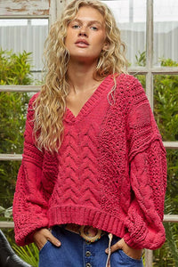 POL Cable - Knit Solid V - Neck Cropped Sweater - Chandeliers Boutique ny