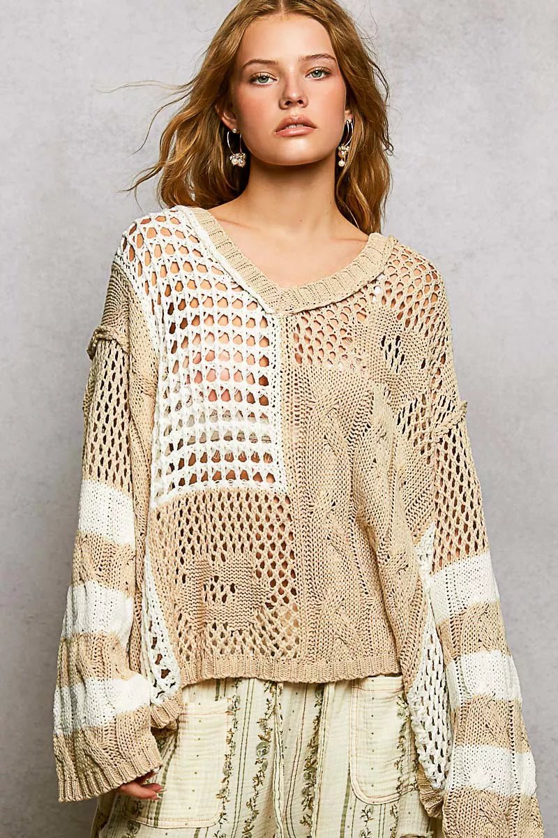 POL Color - Blocked Stripe Pattern Knit Top with Twisted Weave - Chandeliers Boutique ny