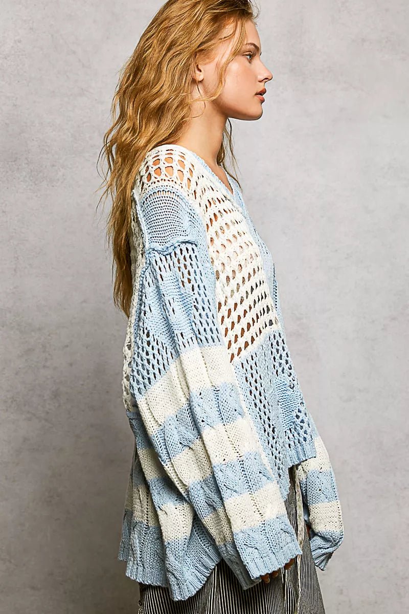 POL Color - Blocked Stripe Pattern Knit Top with Twisted Weave - Chandeliers Boutique ny