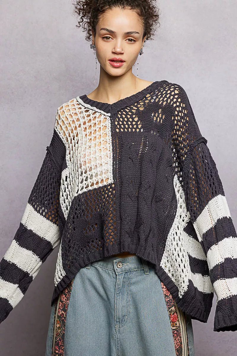 POL Color - Blocked Stripe Pattern Knit Top with Twisted Weave - Chandeliers Boutique ny