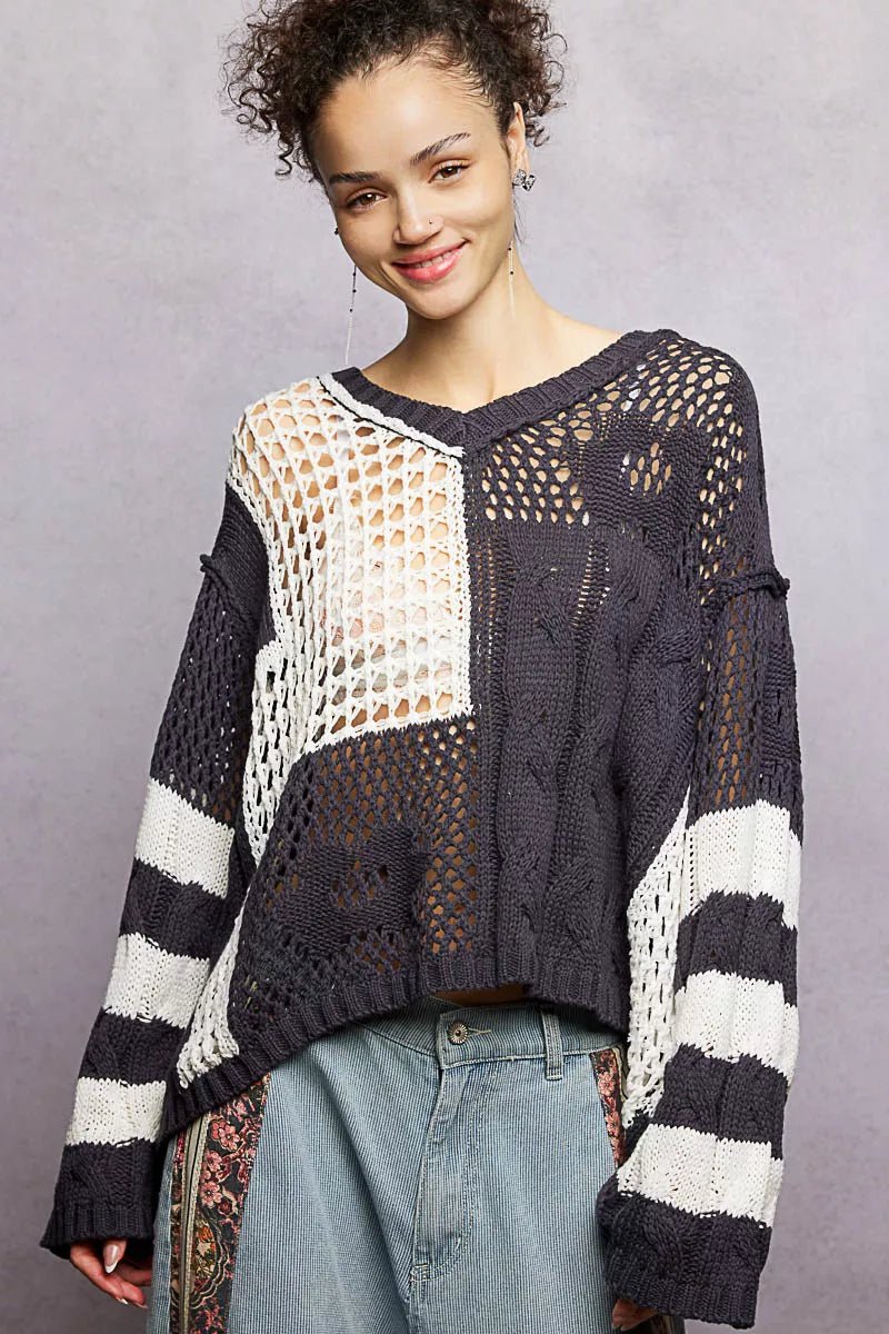POL Color - Blocked Stripe Pattern Knit Top with Twisted Weave - Chandeliers Boutique ny