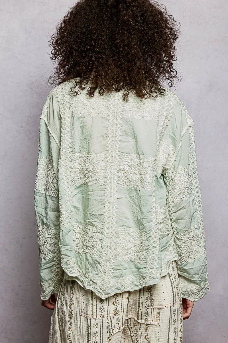 POL Embroidery Button Down Long Sleeve Shirt - Chandeliers Boutique ny