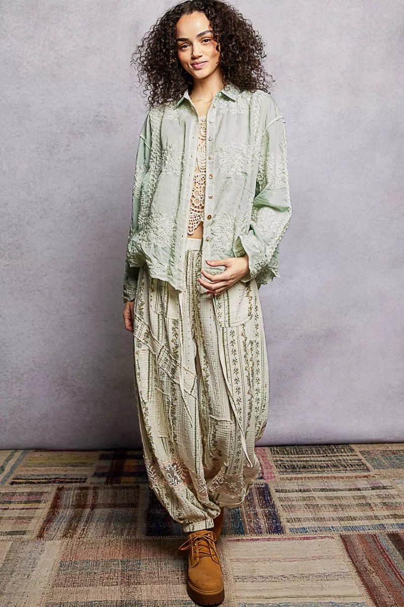 POL Embroidery Button Down Long Sleeve Shirt - Chandeliers Boutique ny