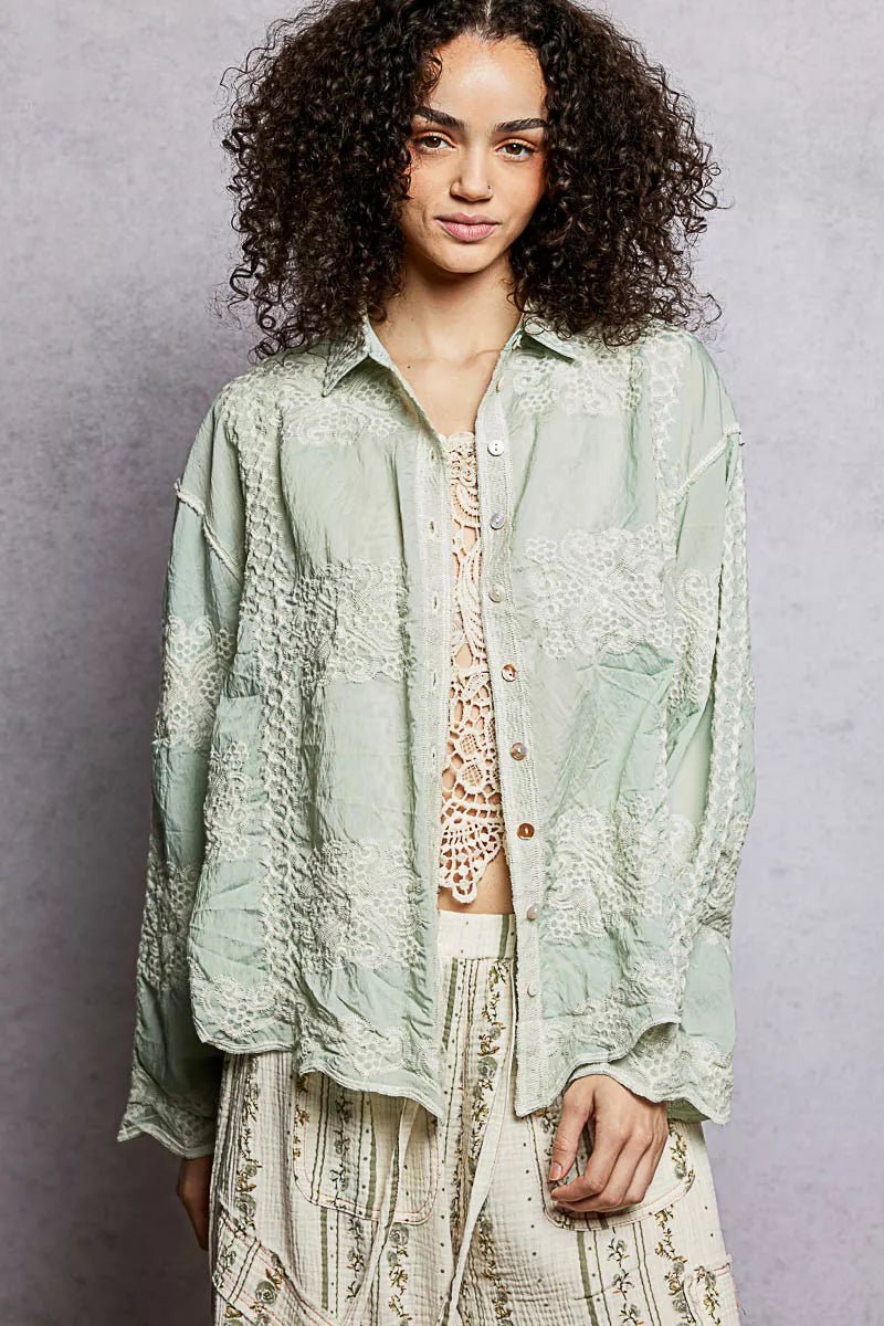 POL Embroidery Button Down Long Sleeve Shirt - Chandeliers Boutique ny