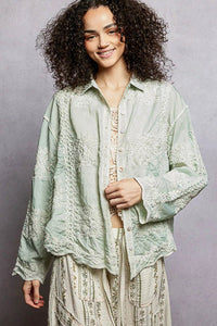 POL Embroidery Button Down Long Sleeve Shirt - Chandeliers Boutique ny