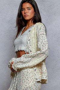 POL Floral Balloon Sleeve Hooded Lace Jacket with Stitch Detail - Chandeliers Boutique ny