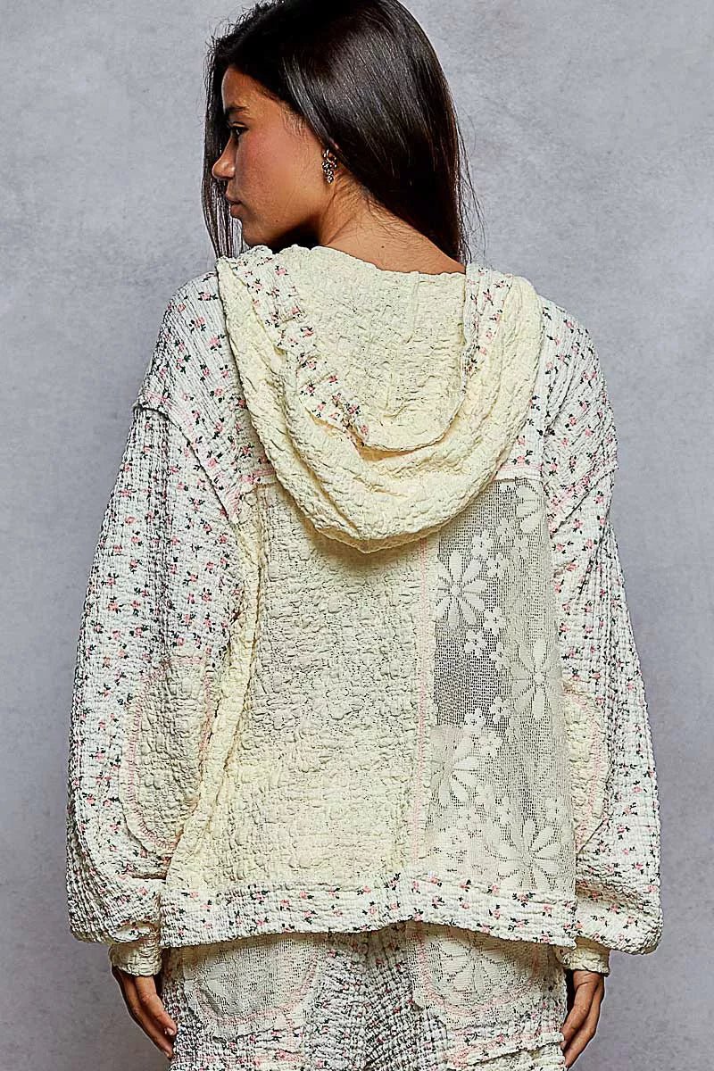 POL Floral Balloon Sleeve Hooded Lace Jacket with Stitch Detail - Chandeliers Boutique ny