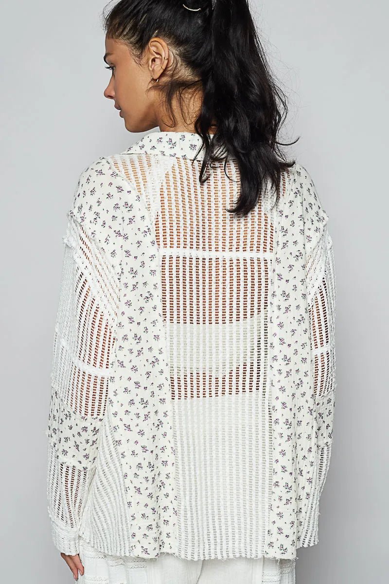 POL Floral Crochet Patchwork Long Sleeve Shirt - Chandeliers Boutique ny