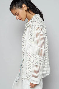 POL Floral Crochet Patchwork Long Sleeve Shirt - Chandeliers Boutique ny