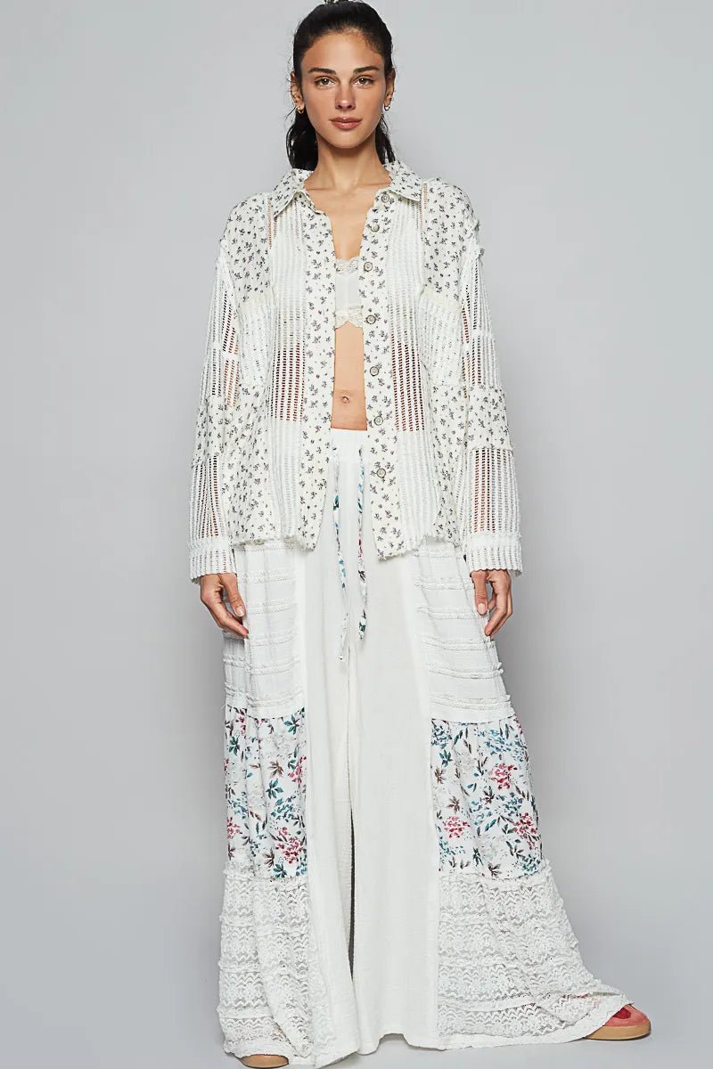 POL Floral Crochet Patchwork Long Sleeve Shirt - Chandeliers Boutique ny