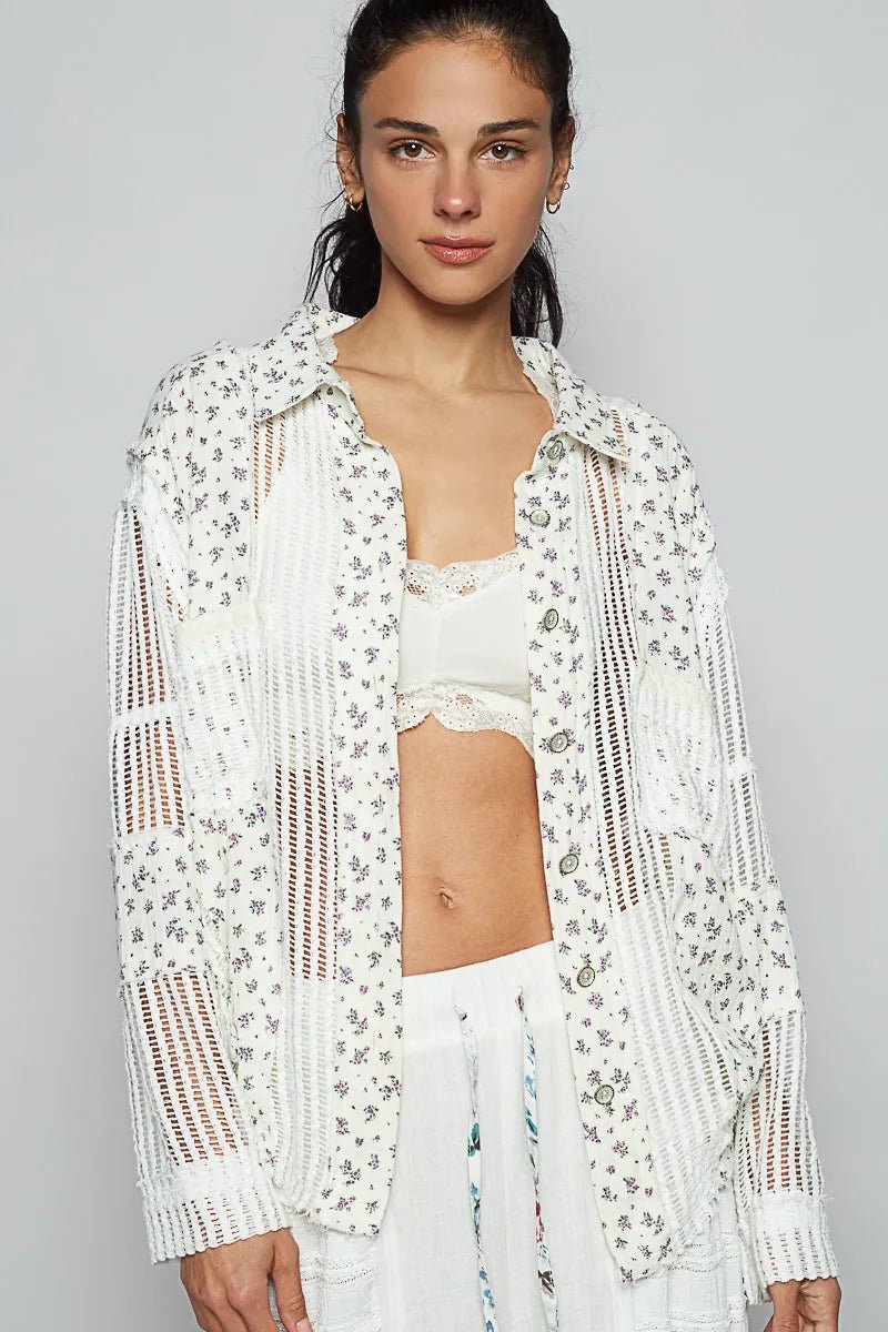 POL Floral Crochet Patchwork Long Sleeve Shirt - Chandeliers Boutique ny