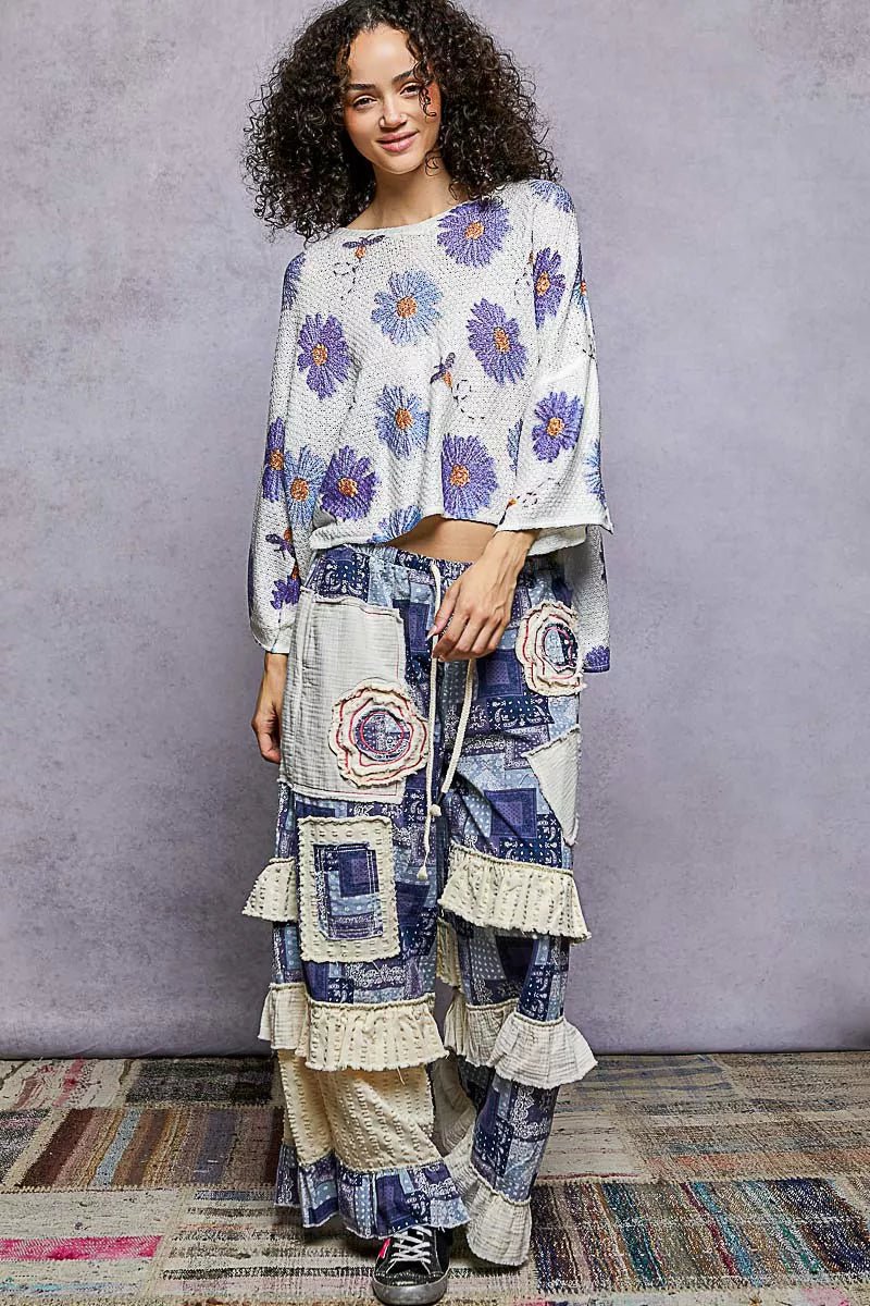 POL Floral Round Neck Rolling Edge Sweater - Chandeliers Boutique ny