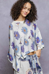 POL Floral Round Neck Rolling Edge Sweater - Chandeliers Boutique ny