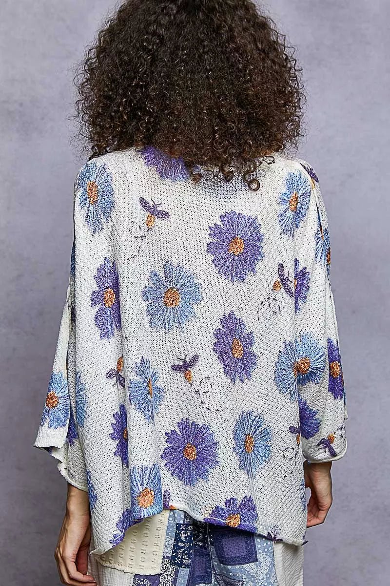 POL Floral Round Neck Rolling Edge Sweater - Chandeliers Boutique ny