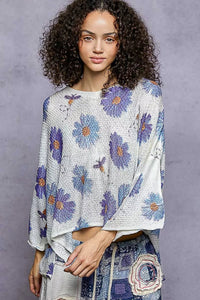 POL Floral Round Neck Rolling Edge Sweater - Chandeliers Boutique ny