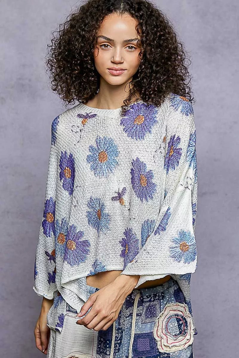 POL Floral Round Neck Rolling Edge Sweater - Chandeliers Boutique ny