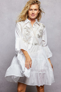 POL Floral Sequin Embroidered Mini Tiered Shirt Dress - Chandeliers Boutique ny