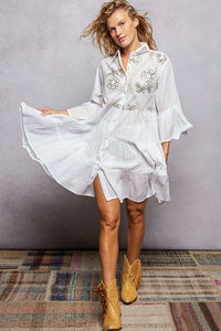 POL Floral Sequin Embroidered Mini Tiered Shirt Dress - Chandeliers Boutique ny