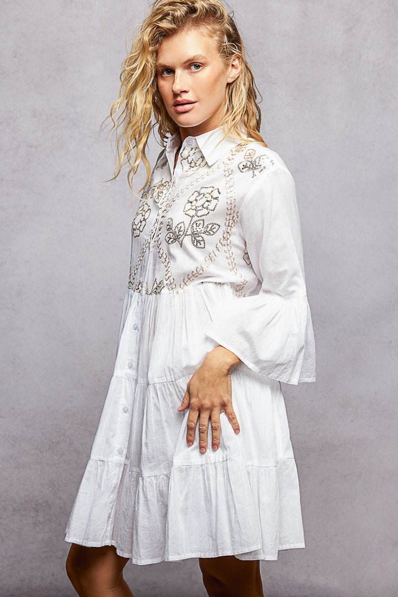 POL Floral Sequin Embroidered Mini Tiered Shirt Dress - Chandeliers Boutique ny