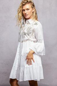 POL Floral Sequin Embroidered Mini Tiered Shirt Dress - Chandeliers Boutique ny