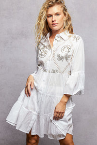 POL Floral Sequin Embroidered Mini Tiered Shirt Dress - Chandeliers Boutique ny