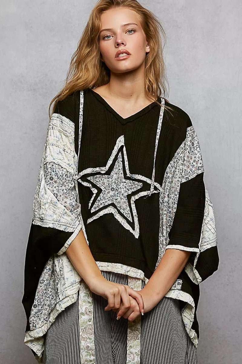 POL Floral Star Patch Hooded Blouse with Lace Contrast Detail - Chandeliers Boutique ny