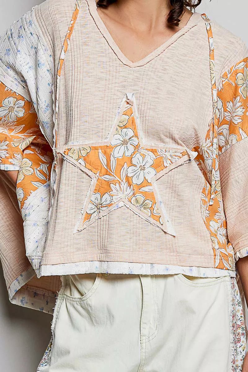 POL Floral Star Patch Hooded Blouse with Lace Contrast Detail - Chandeliers Boutique ny