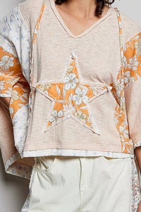 POL Floral Star Patch Hooded Blouse with Lace Contrast Detail - Chandeliers Boutique ny