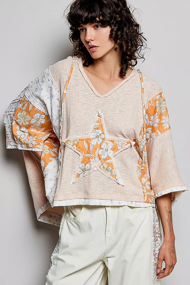 POL Floral Star Patch Hooded Blouse with Lace Contrast Detail - Chandeliers Boutique ny