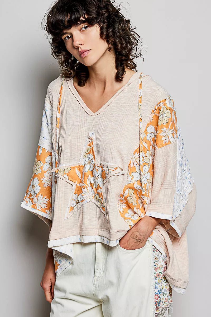 POL Floral Star Patch Hooded Blouse with Lace Contrast Detail - Chandeliers Boutique ny