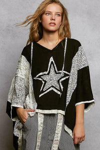 POL Floral Star Patch Hooded Blouse with Lace Contrast Detail - Chandeliers Boutique ny