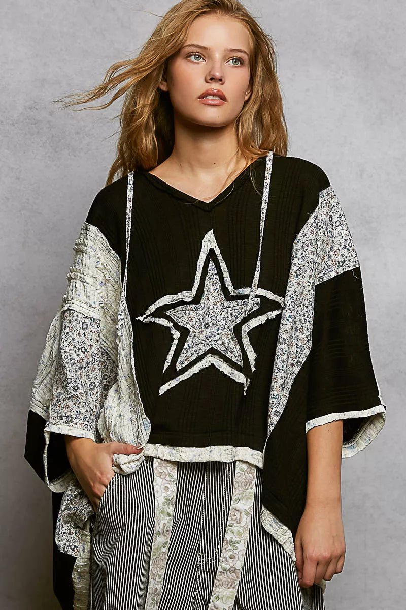 POL Floral Star Patch Hooded Blouse with Lace Contrast Detail - Chandeliers Boutique ny
