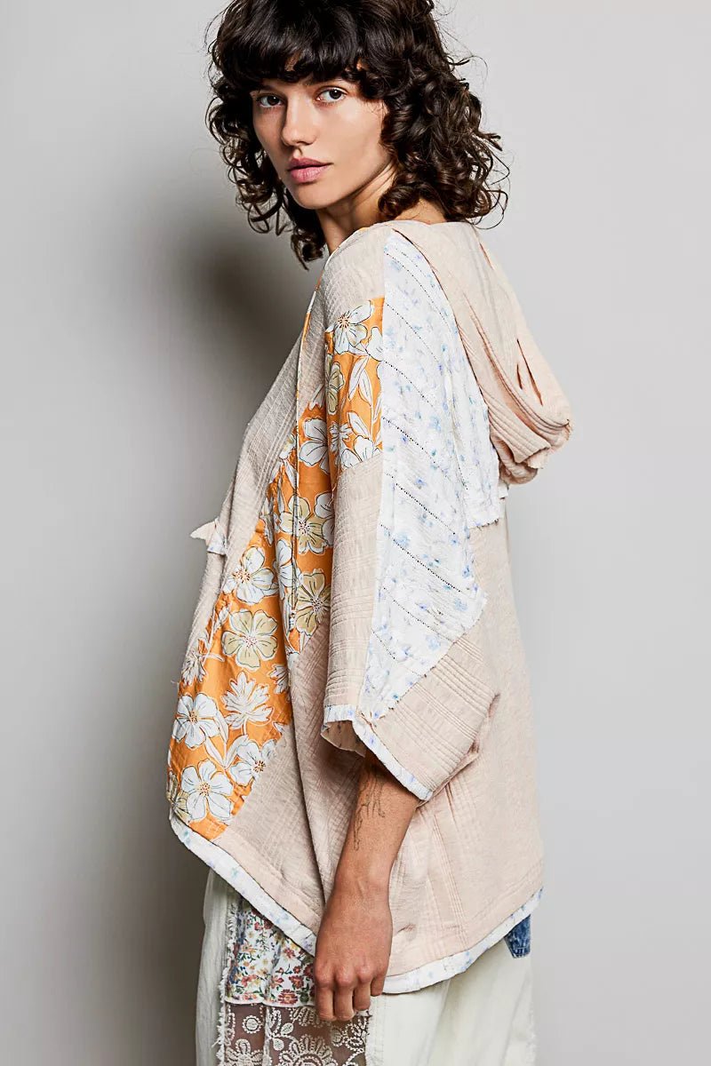 POL Floral Star Patch Hooded Blouse with Lace Contrast Detail - Chandeliers Boutique ny