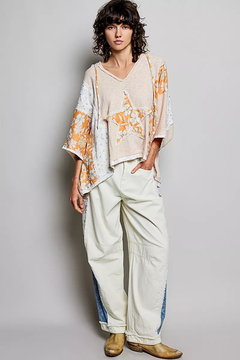 POL Floral Star Patch Hooded Blouse with Lace Contrast Detail - Chandeliers Boutique ny