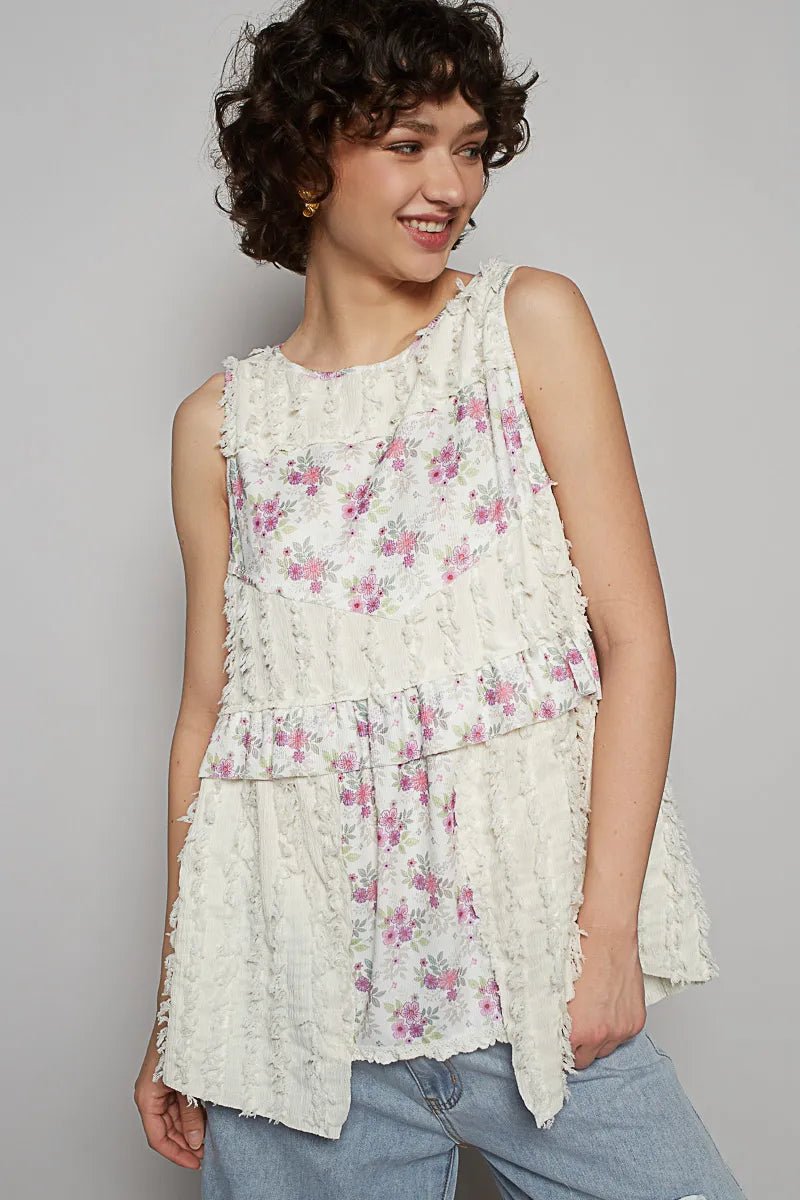 POL Floral Textured Round Neck Sleeveless Top - Chandeliers Boutique ny